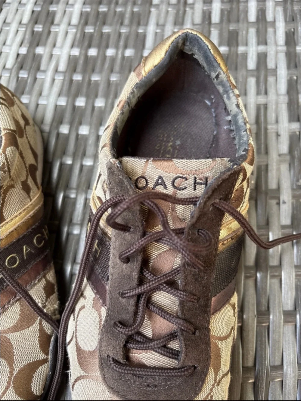 Coach Brown Signature Canvas Sneakers with Gold & Bronze Stripes - Women